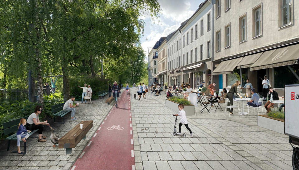Slik ser de to arkitektene for seg Søndre gate etter en solid oppgradering. De vil ikke stenge absolutt all biltrafikk, men regulere til gatetun.
