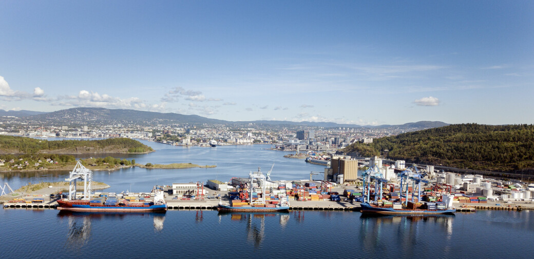 Yilport sin terminal i Oslo. På bildet ligger tre skip inne i havn og fire kraner er i sving for losse. Foto: Espen Braata