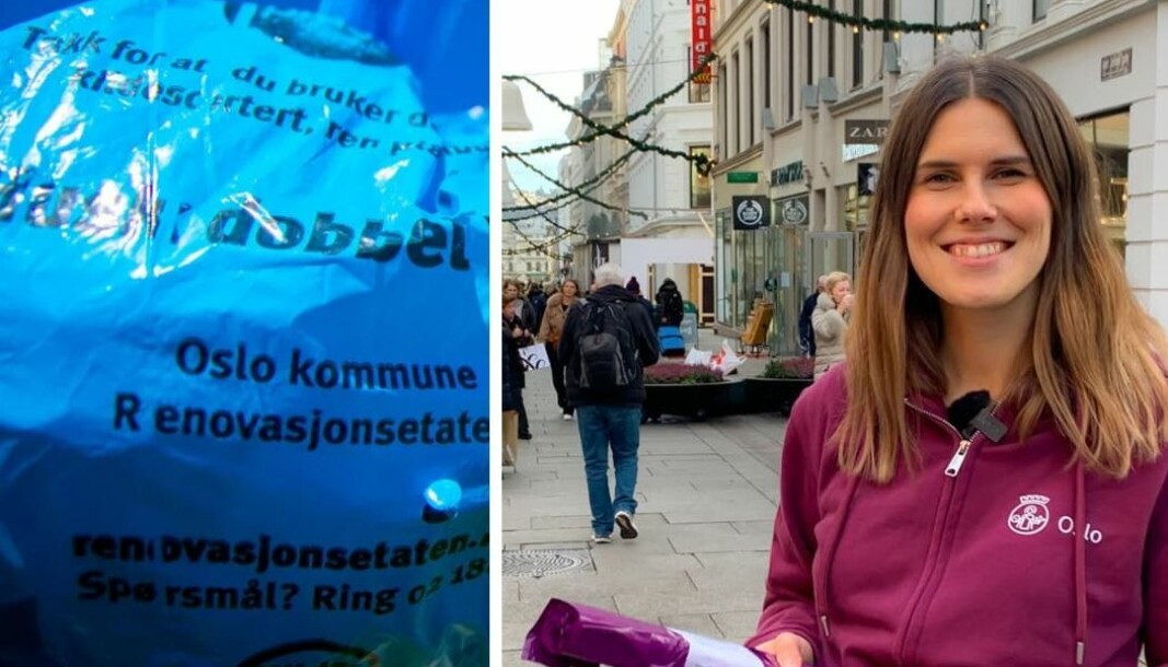 Byråd Sirin Hellvin Stav deler ut lilla poser på Egertorget. Byråd Sirin Hellvin Stav deler ut lilla poser på Egertorget.