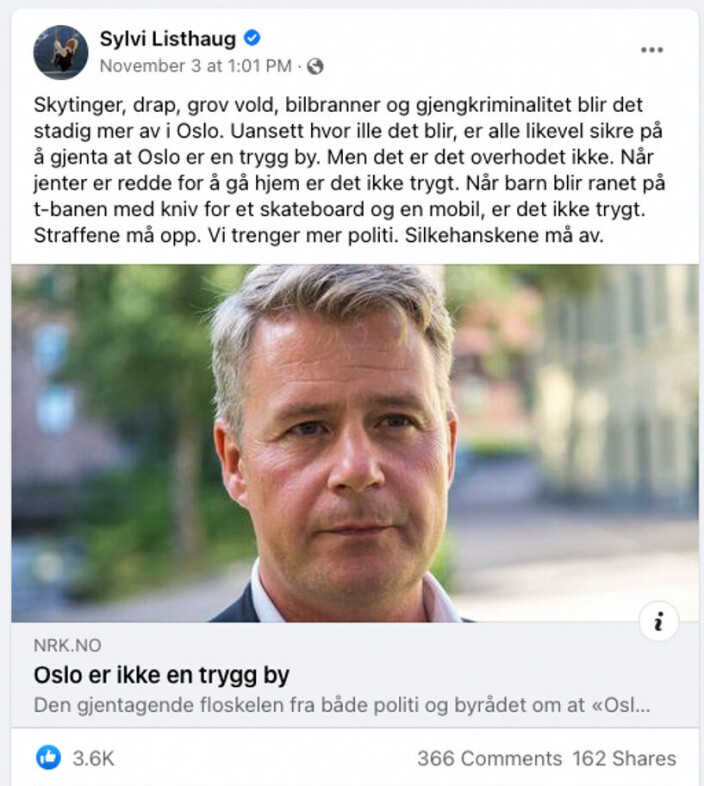 Sylvi Listhaug er enig i at Oslo ikke er en trygg by. Sylvi Listhaug er enig i at Oslo ikke er en trygg by.