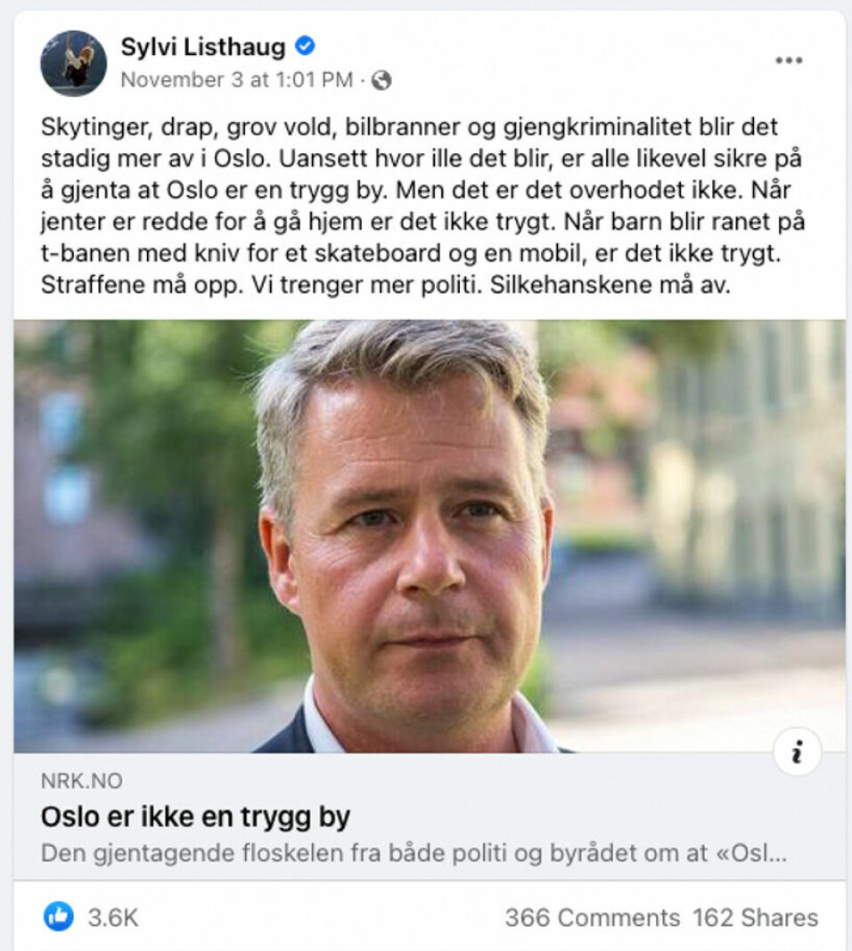 Sylvi Listhaug er enig i at Oslo ikke er en trygg by.