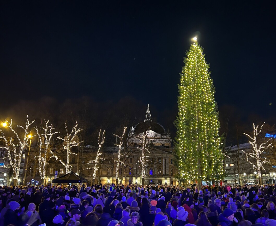 Tusenvis møtte opp for å se den 70 år gamle nordmarksgrana bli tent på Universitetsplassen 1. søndag i advent. Tusenvis møtte opp for å se den 70 år gamle nordmarksgrana bli tent på Universitetsplassen 1. søndag i advent.