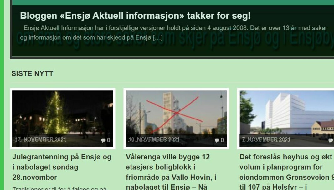 En skjermdump med de siste nyhetene på bloggen Ensjø Aktuell informasjon