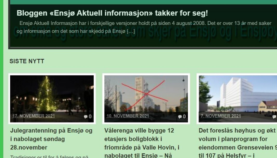 En skjermdump med de siste nyhetene på bloggen Ensjø Aktuell informasjon En skjermdump med de siste nyhetene på bloggen Ensjø Aktuell informasjon