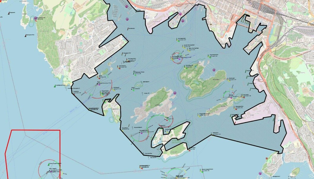 Fredningsområdet som er foreslått ligger innenfor den svarte linja. I følge forslaget vil det fortsatt vært tillatt å sette ut hummerteiner på de attraktive fiskeplassene vest for Bygdøy og sør for Ormsund.