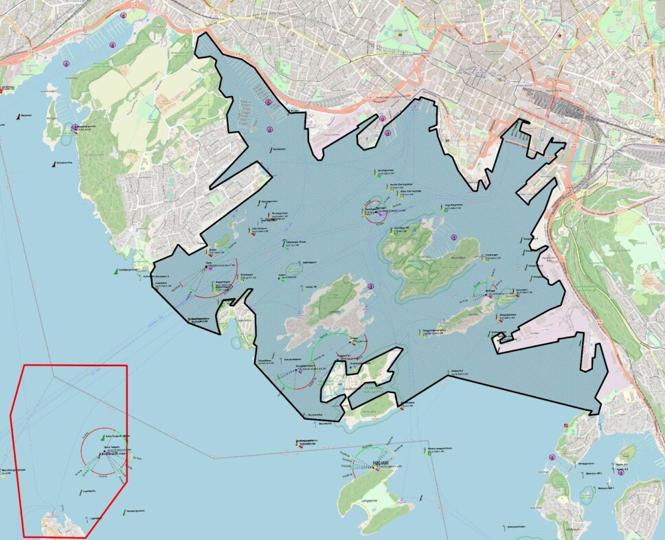 Fredningsområdet som er foreslått ligger innenfor den svarte linja. I følge forslaget, vil det fortsatt vært tillatt å sette ut hummerteiner på de attraktive fiskeplassene vest for Bygdøy og sør for Ormsund.
