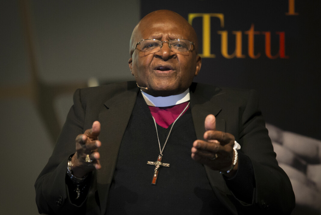 Desmond Tutu fotografert på Nobels fredssenter i Oslo under boklansering i 2014.