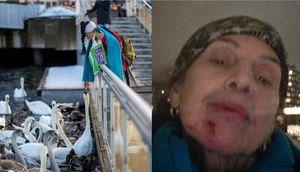Her er Nora Pérez (64), rett etter voldshendelsen mot henne i Bjørvika. Til venstre Nora på hengebrua over til Sørenga hvor hun mater svaner.