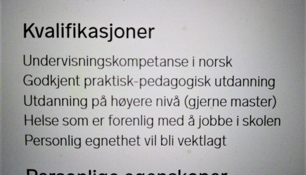 Skjermdump fra passusen i utlysningsteksten Edvard Munch videregående skole nå har fjernet. Skjermdump fra passusen i utlysningsteksten Edvard Munch videregående skole nå har fjernet.