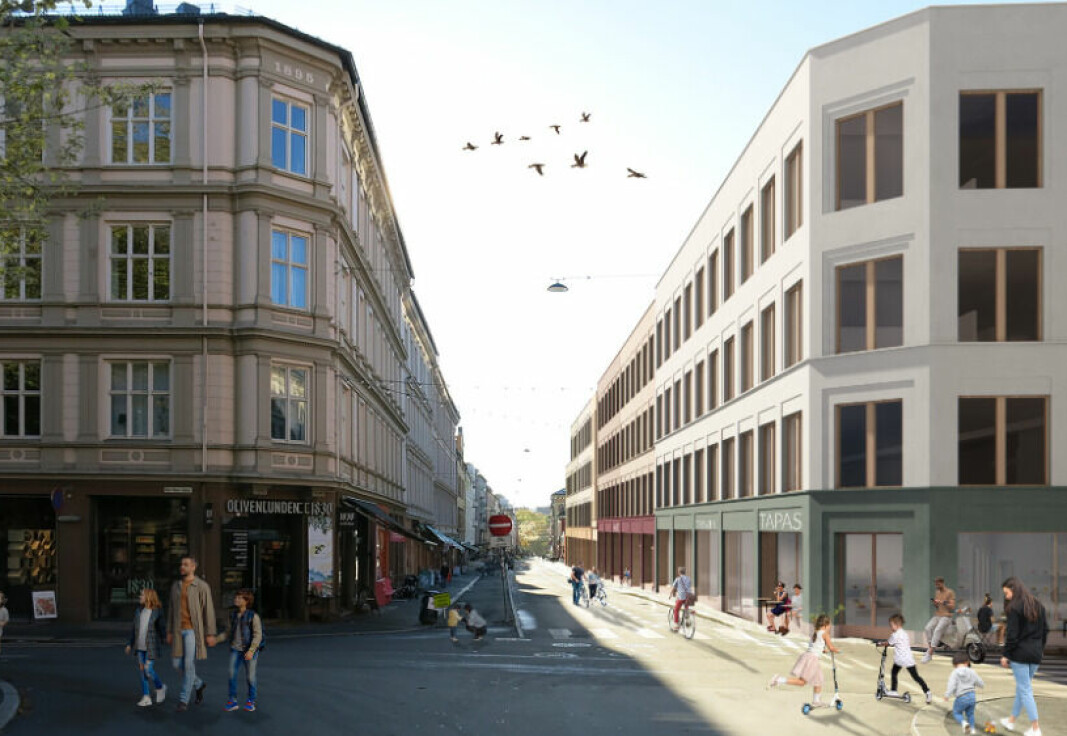 Til høyre forslaget til fasadeendring og nye etasjer i Markveien 35, som nå ligger hos plan- og bygningsetaten,
