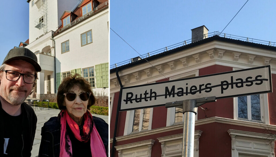 Ståle Tvete Vollan og svigermor Gunnvor reiste til Ruth Maiers plass på St. Hanshaugen da de hørte om hærverket. Der sørget de for at skiltet ble vasket rent.