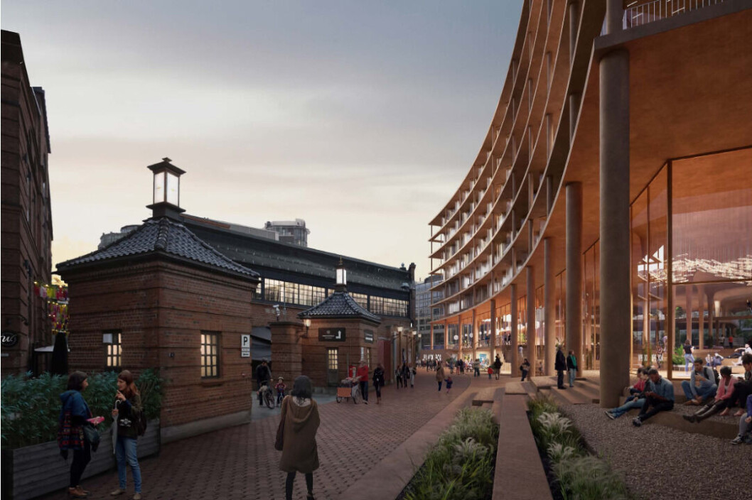 Til venstre sees baksiden av gamle Aker Mek, nå Aker Brygge. Til høyre Ferd og Johan H. Andresens planlagte bygg på Trekanttomta. Til venstre sees baksiden av gamle Aker Mek, nå Aker Brygge. Til høyre Ferd og Johan H. Andresens planlagte bygg på Trekanttomta.
