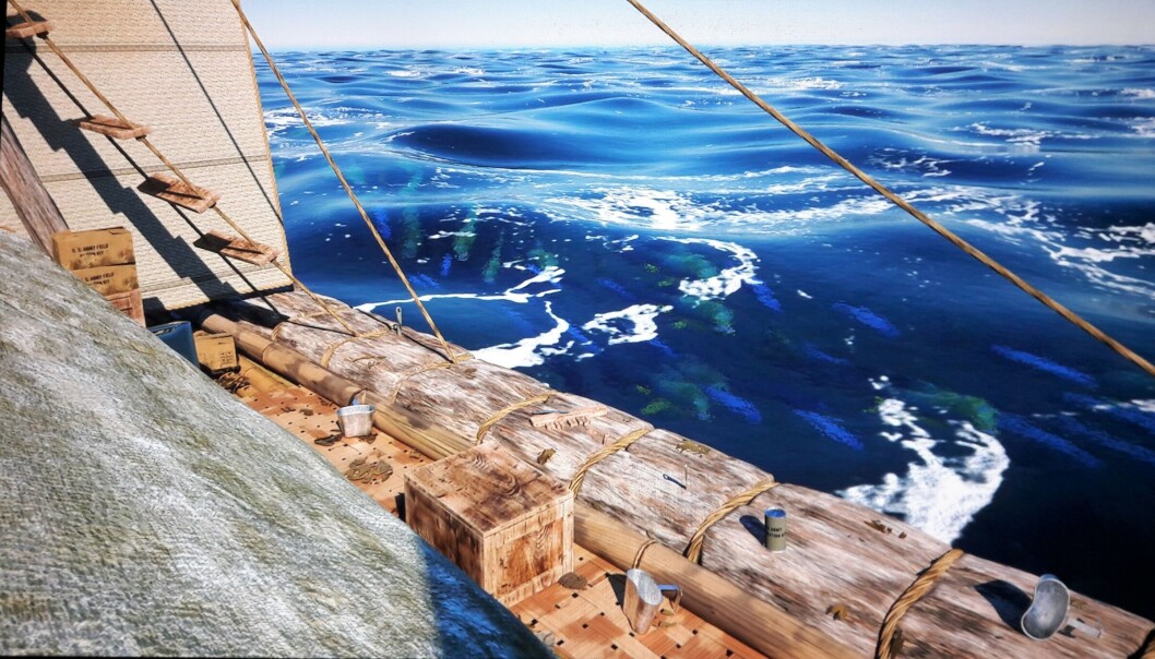 Mange besøkende har blitt med Thor Heyerdahl over havet via VR-briller. De får også oppleve noe av livet i havet rundt flåten. Mange besøkende har blitt med Thor Heyerdahl over havet via VR-briller. De får også oppleve noe av livet i havet rundt flåten.