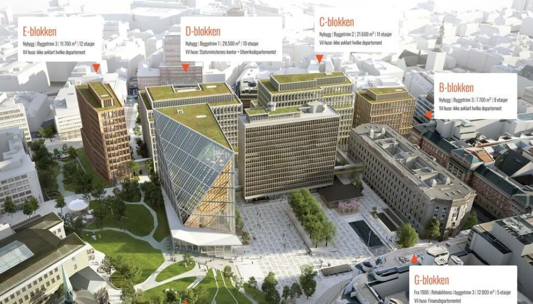 To av disse byggene, bygg B og E, vil regjeringen nå skrote fra planene om det nye regjeringskvartalet. To av disse byggene, bygg B og E, vil regjeringen nå skrote fra planene om det nye regjeringskvartalet.