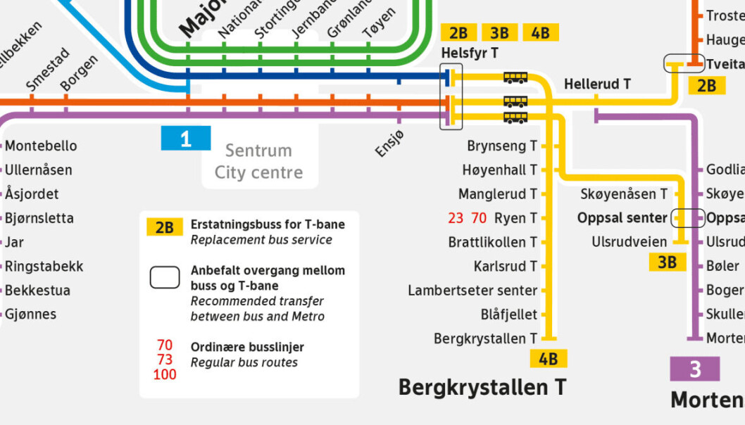 Det settes inn buss for T-bane på alle berørte linjer i perioden. Det settes inn buss for T-bane på alle berørte linjer i perioden.