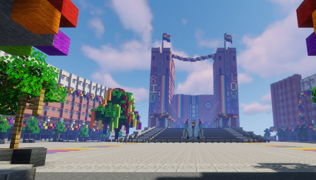 I Minecraft er Oslo pyntet til pridefest, og Rådhuset har virkelig tråkkatil med farger og flagg. I Minecraft er Oslo pyntet til pridefest, og Rådhuset har virkelig tråkkatil med farger og flagg.
