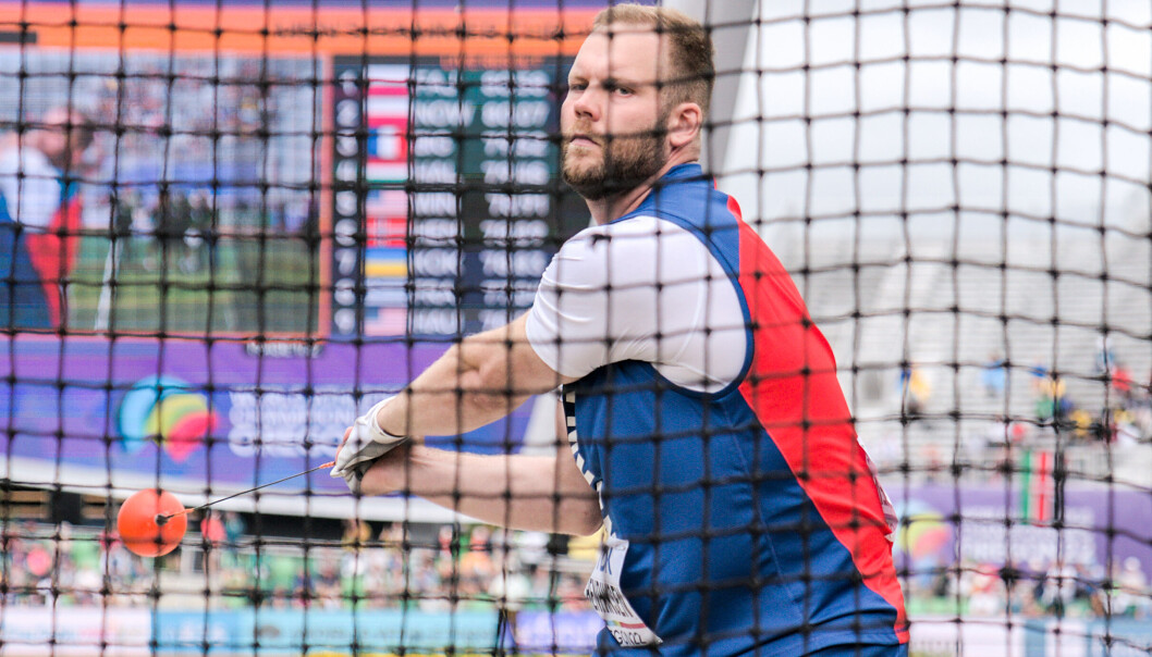 Eivind Henriksen fra sleggefinalen i friidretts-VM i Eugene. Eivind Henriksen fra sleggefinalen i friidretts-VM i Eugene.