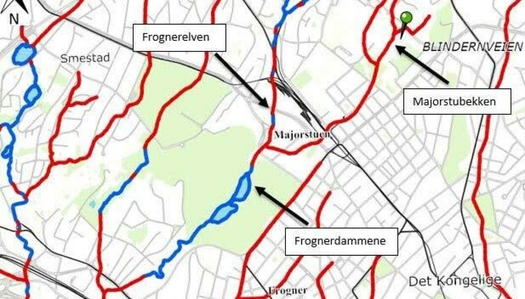 Slik gikk Majorstubekken gjennom nærområdet før den ble lagt i rør. (Rød linje) Slik gikk Majorstubekken gjennom nærområdet før den ble lagt i rør. (Rød linje)