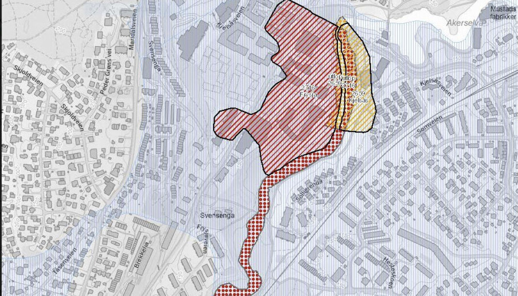 Etter at det ble påvist kvikkleire har kommunen lagt ned forbud mot graving og fylling av masser i områdene som er markert gult og rødt. Kartutsnittet er hentet fra NVEs temakart for kvikkleire. Etter at det ble påvist kvikkleire har kommunen lagt ned forbud mot graving og fylling av masser i områdene som er markert gult og rødt. Kartutsnittet er hentet fra NVEs temakart for kvikkleire.