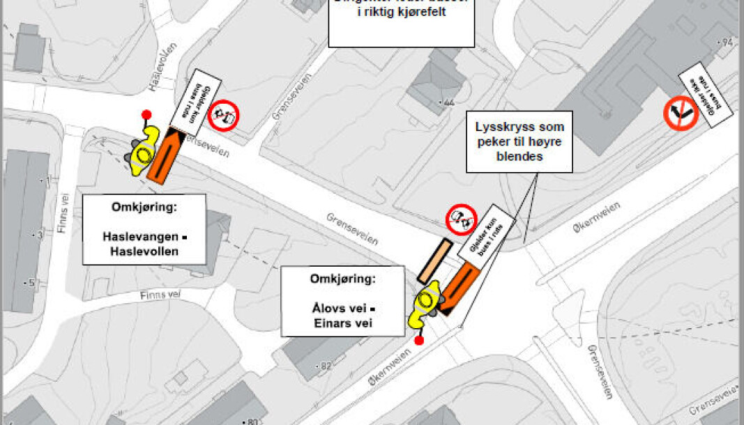 Her i Grenseveien, opp fra Carl Berner, blir det stengt rett før Hasle torg. Her i Grenseveien, opp fra Carl Berner, blir det stengt rett før Hasle torg.