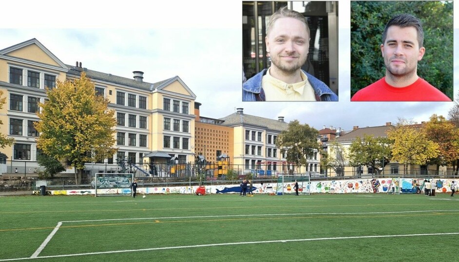 Lokalpolitikerne Tom Kristian Berger (t.v) og Mats Kvaløy-Bjørbek mener det er viktig å bevare fotballens adgang til å benytte den nye skoleidrettsplassen på Kampen.