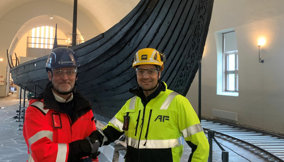 Statsbyggs byggherredirektør Marius Tunstad (til v,) og AF Byggfornyelse-direktør Birger Kristiansen før oppstart av gravearbeidene til nytt Vikingtidsmuseum på Bygdøy.