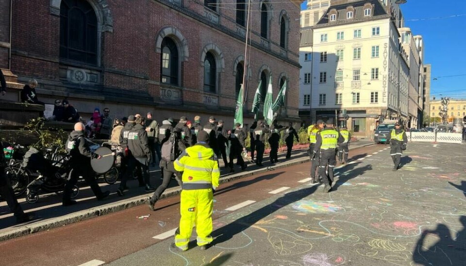 Medlemmer av gruppa Den nordiske motstandsbevegelsen på vei forbi Nasjonalgalleriet.