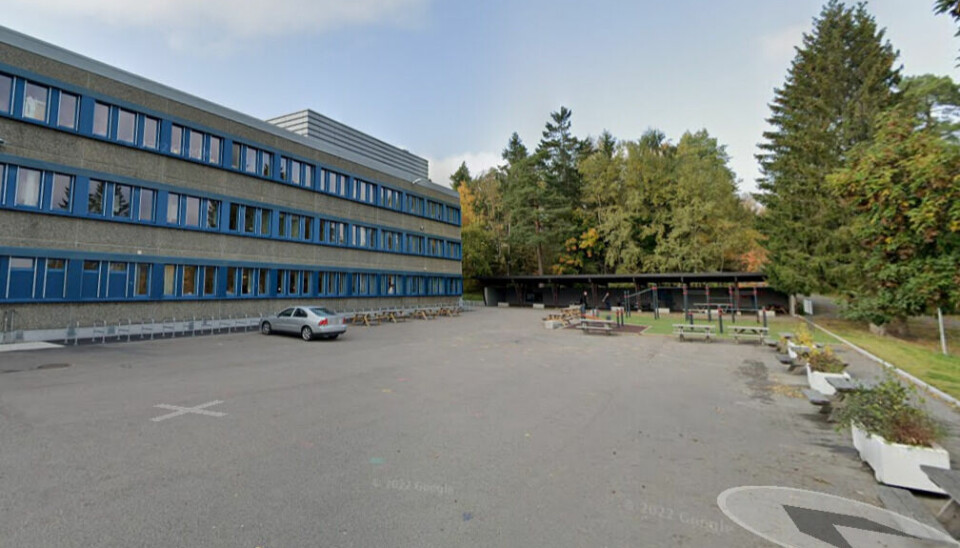 Fasaden på Apaløkka skole med skolegård og skogholt i forgrunnen.