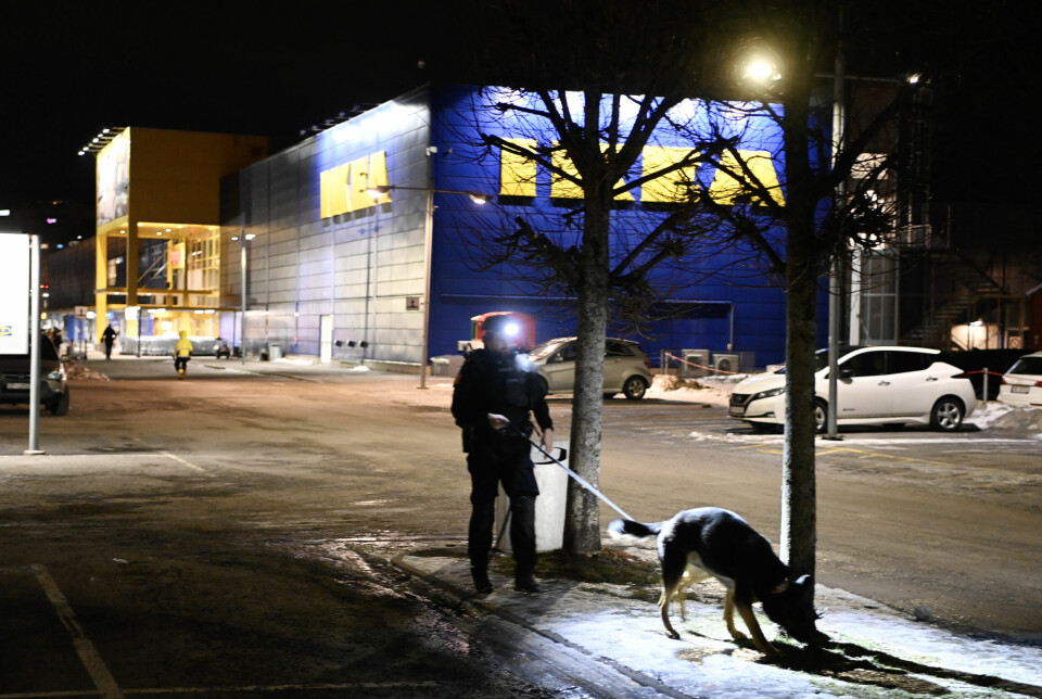 Politimann med hund på p-plass like ved Ikea Furuset, der det skal ha blitt avfyrt flere skudd tirsdag kveld.