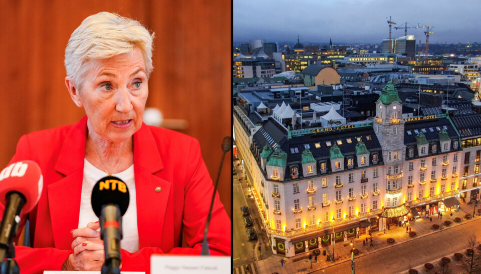 LO-leder Peggy Hessen Følsvik under pressekonferansen om streiken i LO. Streiken vil blant annet påvirke Grand Hotel.