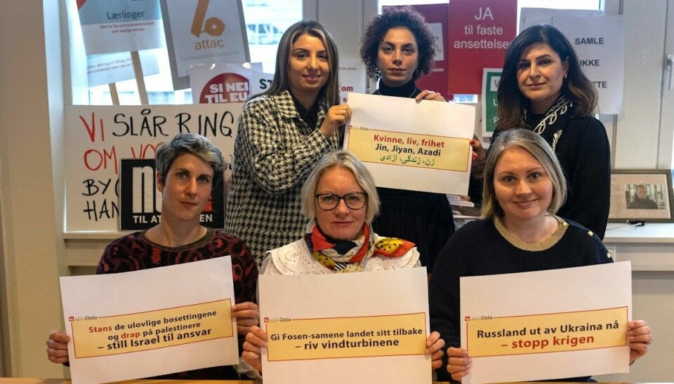 Seks kvinner fronter den internasjonale solidariteten i årets 1. maitog. Fra venstre: Line Khateeb, Hanni Mirlashari, leder av Lo i Oslo, Ingunn Gjerstad, Parichehr Taheri, Nataliya Jeremenyeva og Avin Rostami.