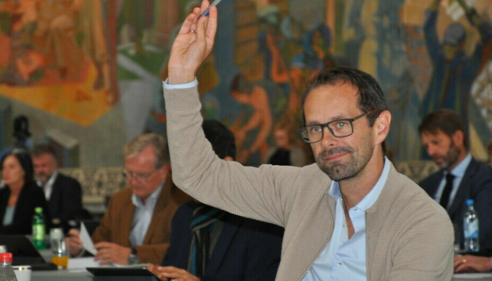 Hallstein Bjercke under bystyrets møte i Rådhussalen pga smittevern under korona.