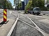 Slik ser trikkeskinnene på Nybrua ut nå.
