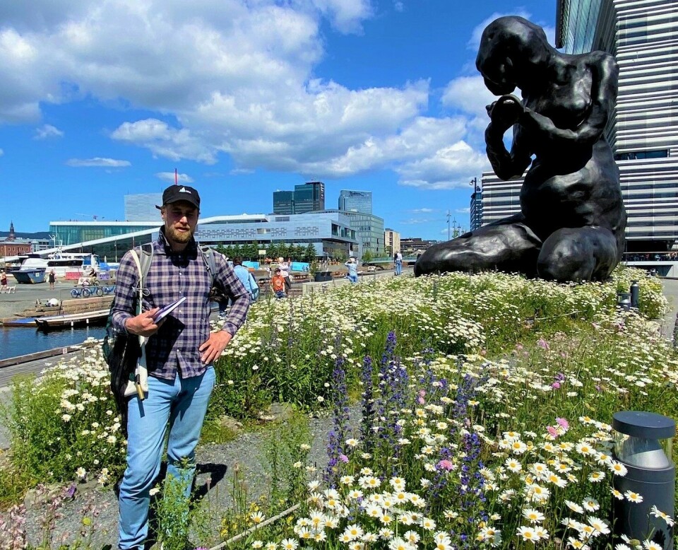 Bieforsker Markus Sydenham fra Norsk institutt for naturforskning (NINA) i enga foran Moren ved Munchmuseet.