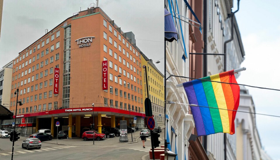 Thon Hotel Munch ved St. Olavs plass og regnbueflagg.