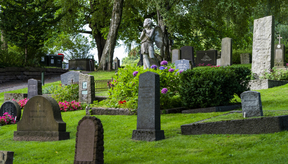 En skulptur av en engel ved et gravsted på kirkegården bak Gamle Aker kirke i Oslo.
