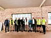 Noen av de som er involverte i arbeidet med verkstedhallen. Fra venstre: Inge Hareide (Kima), Fredrik Stroda Heier (OP Bygg), Isak Grimstad (Kima), Erik Nævestad (OP Bygg), Emil Tingulstad (Oro), Andreas Joyce Nygaard (Kima), Vidar Trædal (Byantikvaren) og Stian Lislelid (Pro Partners).