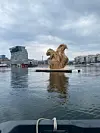 Sankthansbålet formet som et ekorn på en flåte i Bjørvika.