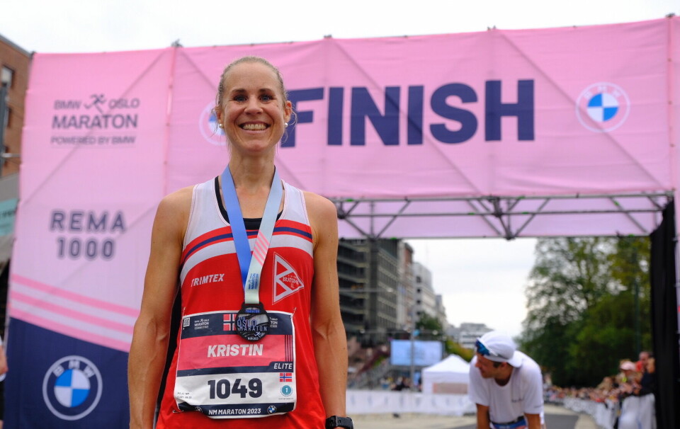 Oslo 20230916. Kristin Waaktaar Opland fra Bratsberg IL helt til topps blant kvinnene på maraton-distansen.