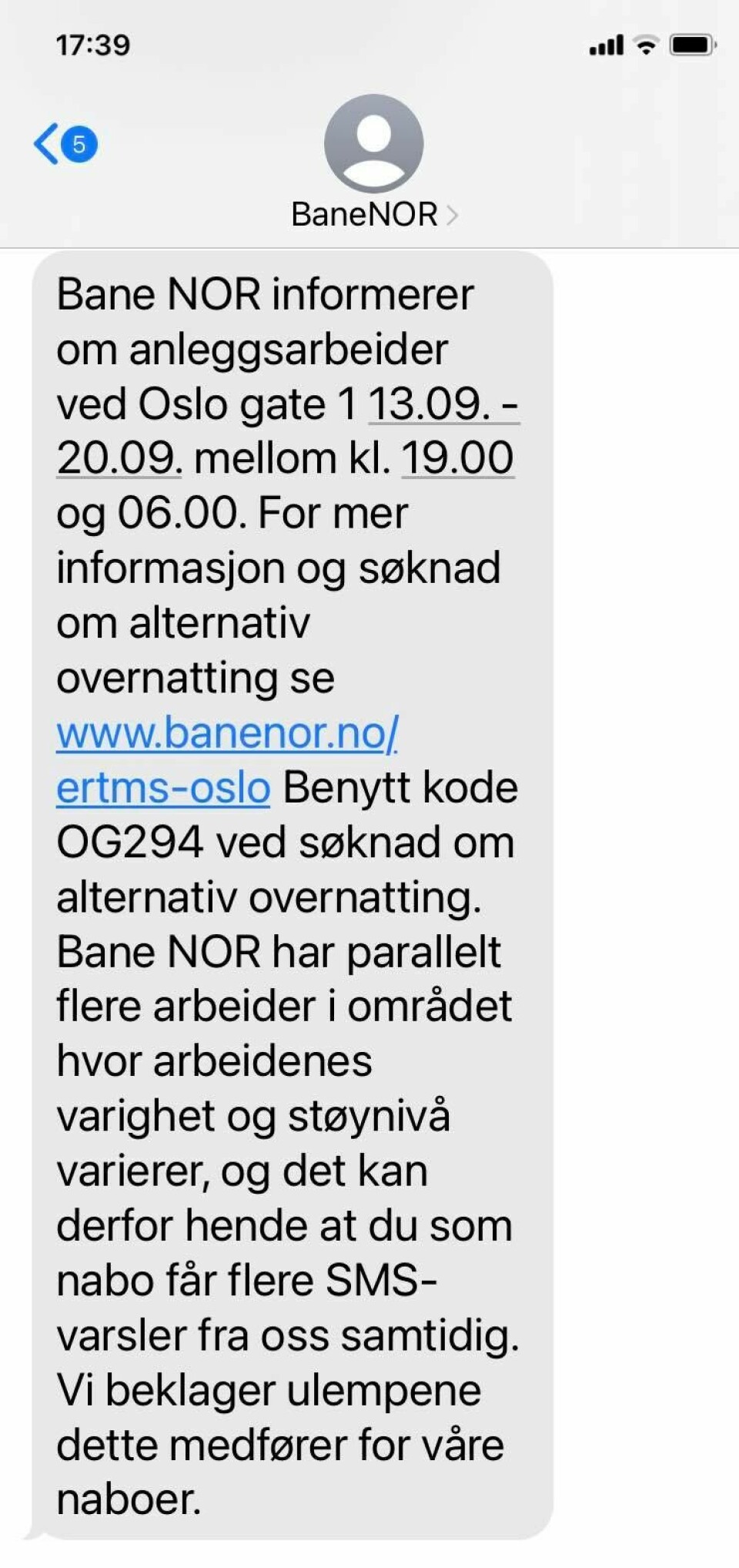 Her er sms'en Oslo gate-beboerne fikk om overnatting borte hjemmefra på grunn av støyen fra togarbeidene.