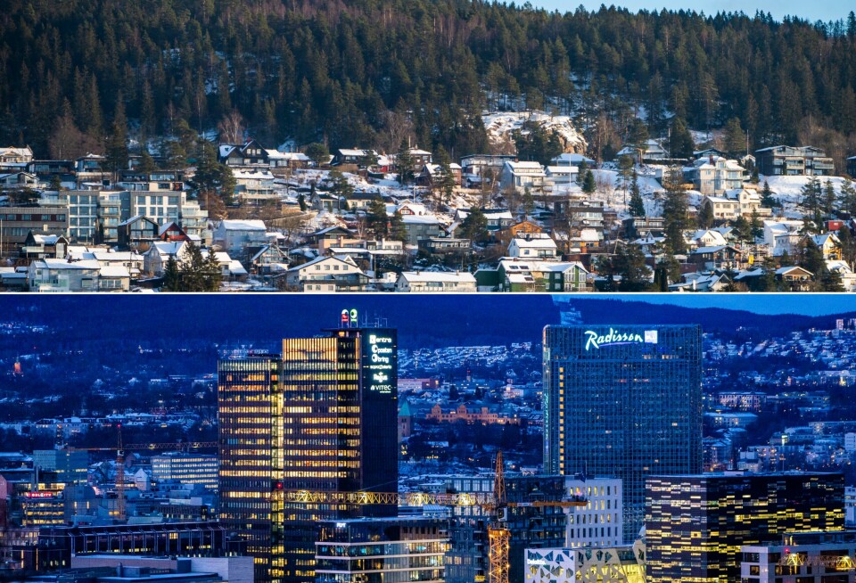 Oslo-borgere ønsker verken at det bygges for tett opp mot marka (øverst) eller at det bygges høyere i hovedstaden (nederst), ifølge en ny undersøkelse.