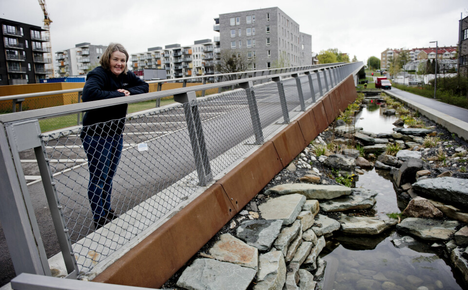 Oslo 20150430.Prosjektutvikler for 'Vann i by', Tharan Fergus, står ved Hovinbekken på Ensjø. Oslo har gjort en rekke tiltak for å håndtere overflatevann blant annet ved å åpne byens bekker og elver.