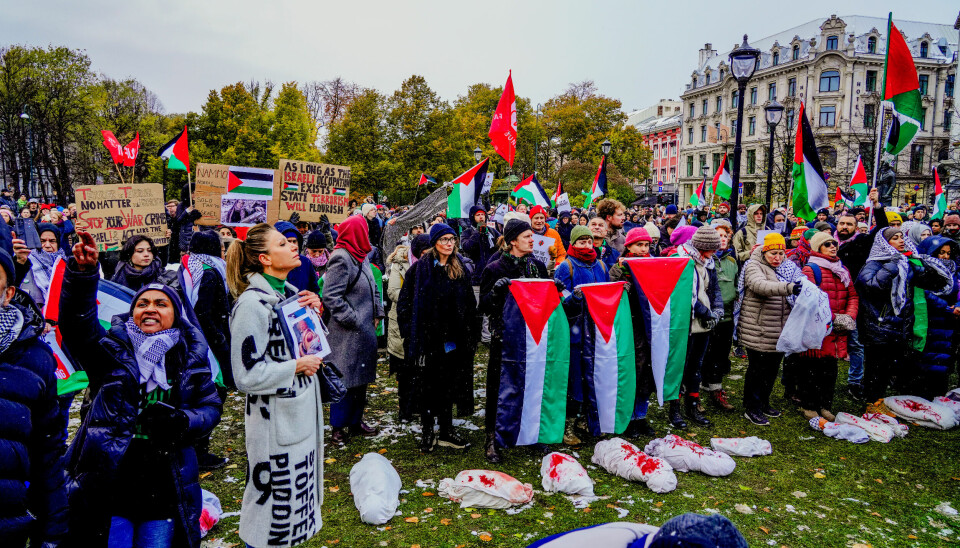 Demonstrasjon på Eidsvolls plass i forbindelse med at Danmark, Sverige, Finland og Island avsto fra å stemme over fredagens FN-resolusjon om umiddelbar, varig og vedvarende humanitær våpenhvile på Gaza.