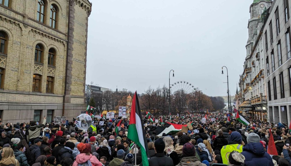 Politiet anslår over 10.000 demonstranter, mens andre mener det var mellom 13.000 og 15.000 som møtte opp ved Stortinget lørdag. Palestina Gaza Israel demonstrasjon fred våpenhvile