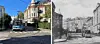 Briskebytrikken over Riddervolds plass i krysset Inkognitogata/Riddervolds gate i 2023 (til v.) og cirka 1905-1910.   Foto. Norconsult / Oslo Museum