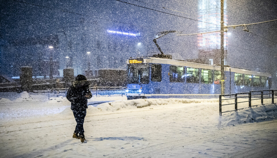 Oslo 20240116. Kraftig snøvær i Oslo tirsdag kveld.