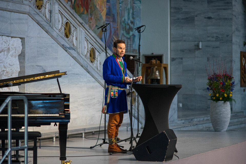 Fra samisk nasjonaldag på Rådhuset. Mikkel Eskild Mikkelsen, medlem av Sametingsrådet og politiker i Norske Samers Riksforbund.