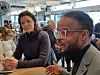 Venstres bystyrerepresentanter Gøril Havro og Ismael Ali Hussein på Kaffebrenneriet i intervju med VårtOslo 9. februar 2024 Foto: Arnsten Linstad