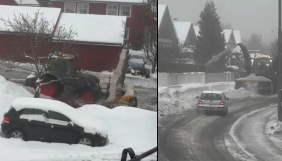 Her kaster brøytebilen snø inn i hagen til folk på Mortensrud