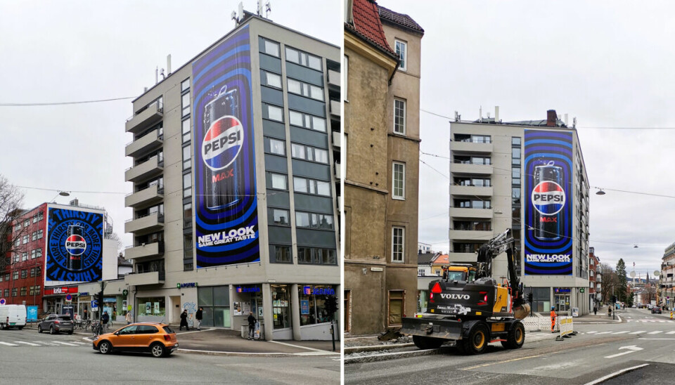 Flere naboer på St. Hanshaugen reagerte da det dukket opp to store reklameplakater på veggene i krysset Ullevålsveien/Waldemar Thranes gate.